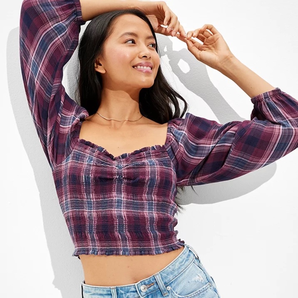 American Eagle Smocked Puff-Sleeve Blouse